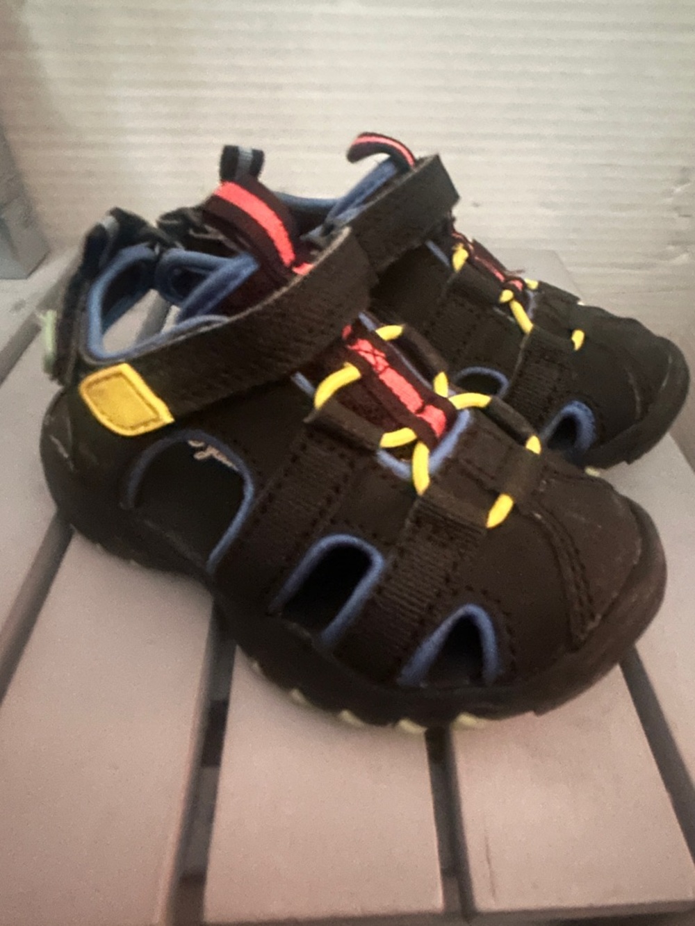 Cat and jacks yKids Black Adventure Sandals with Blue & Yellow Accents